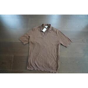 Brand New Sunspel Brown Cotton Silk Johnny Neck Polo Size L